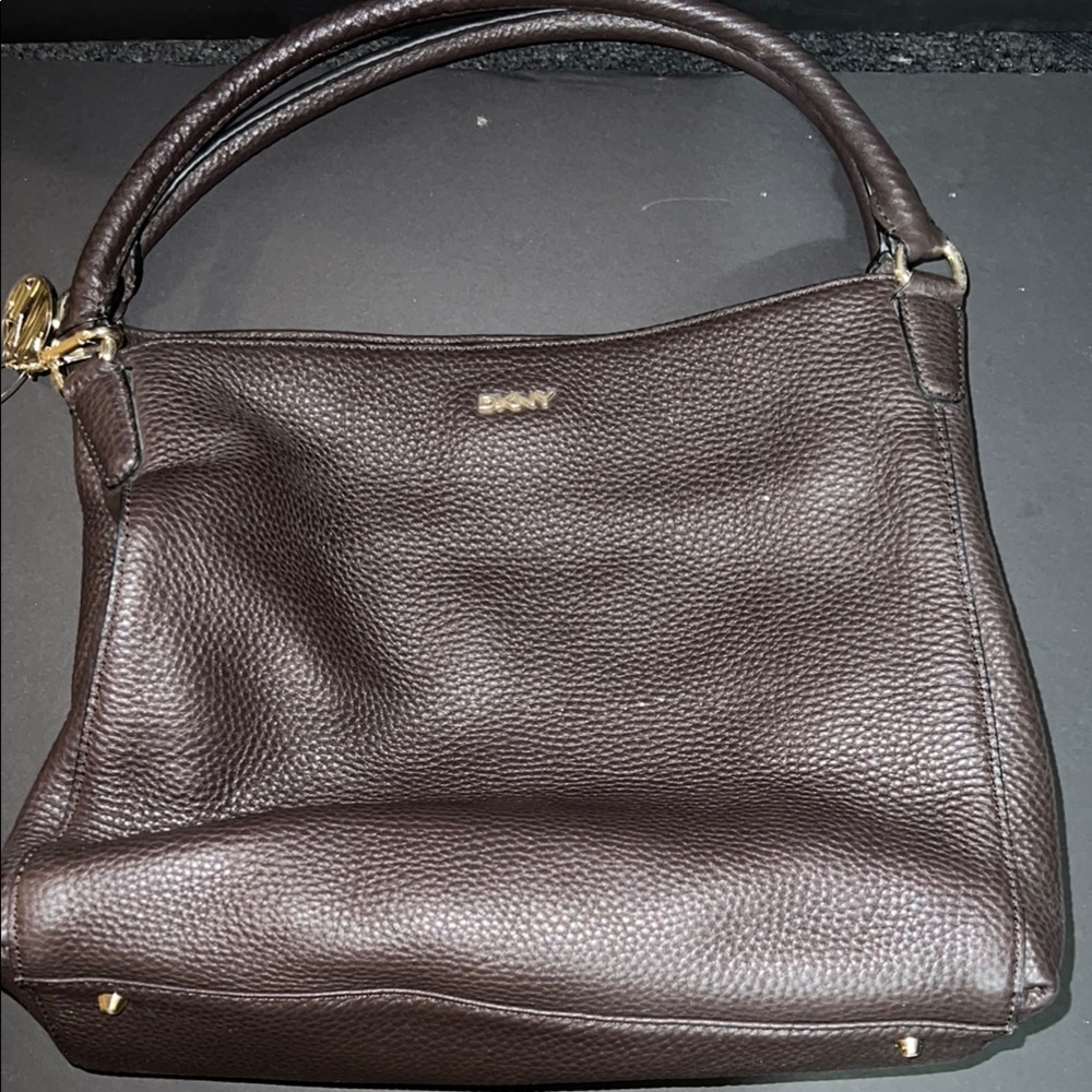 DKNY Brown Leather Shoulder Bag with Gold Accents